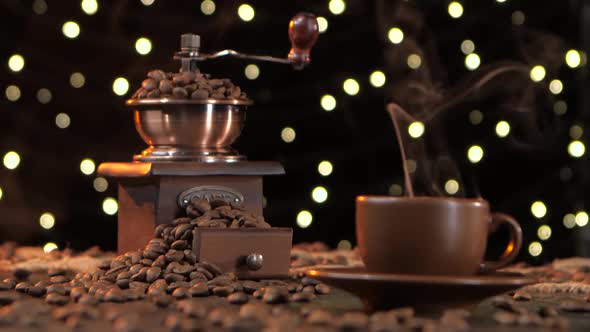 Brown Cup Hot Drink with Smoke and Coffee Grinder. Studio alt