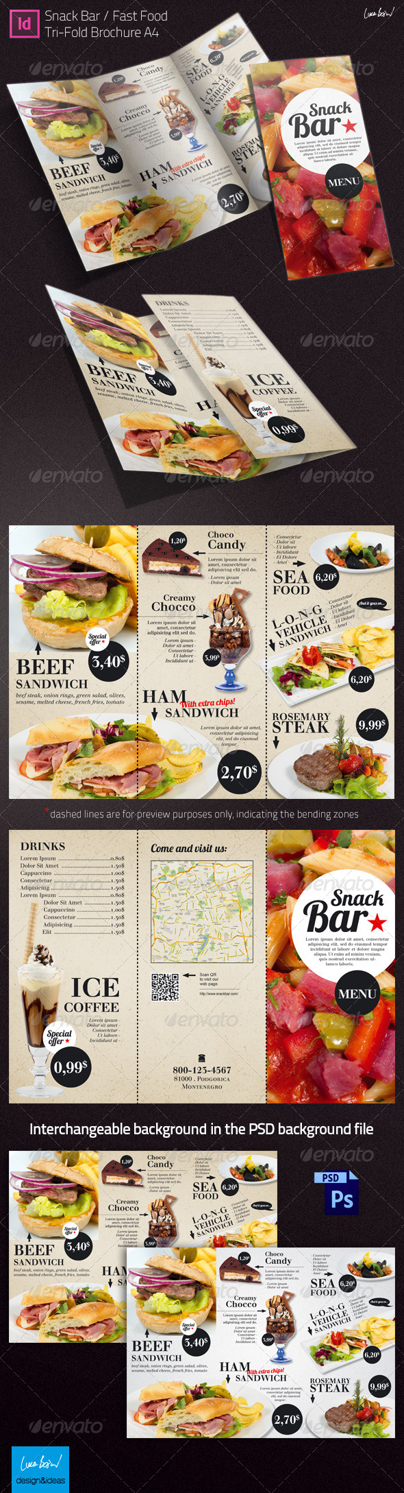 Tri-fold Brochure: Snack Bar Menu - Restaurant Flyers