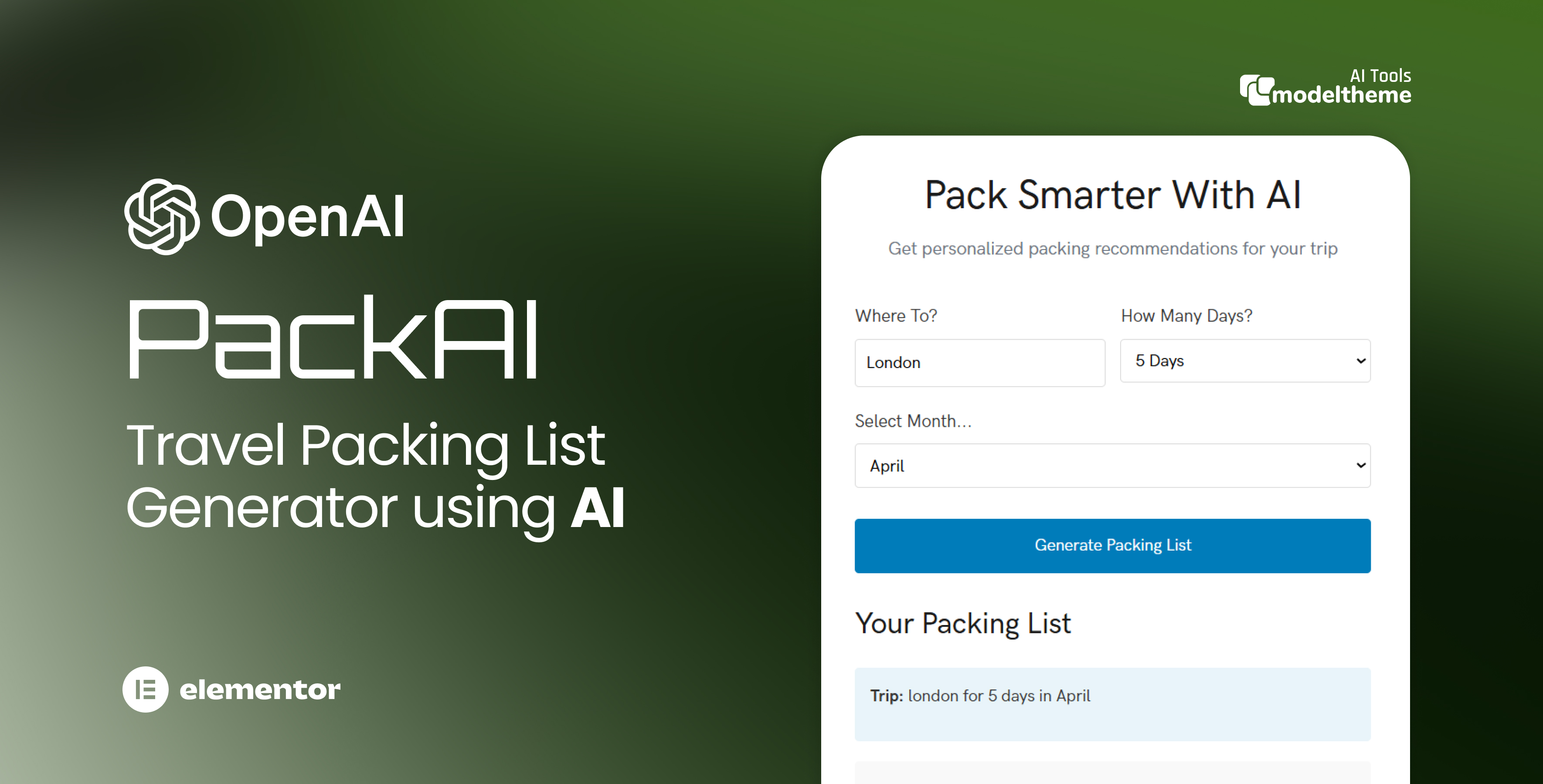PackAI - Travel Packing List Generator (WordPress Plugin)