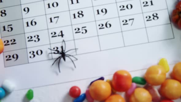 Fake spider on a calendar with various sweet foods 4k alt