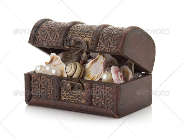 Old wooden chest box with treasure isolated on white background