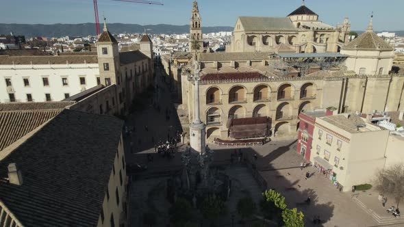 Aerial circle view over statue of san Rafael in the historic center. Cordoba. Spain
