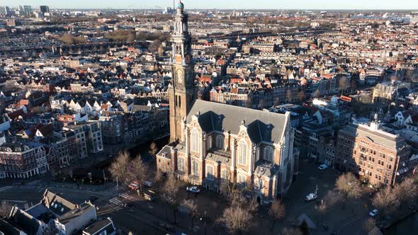Amsterdam City Center Aerial Drone View of the Westertoren and the Jordaan Urban Area in the City alt