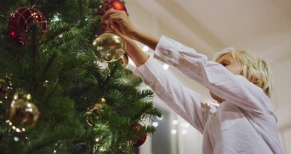 Young Boy Decorating Christmas Tree alt