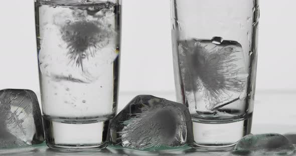 Pouring Up Two Shot of Vodka From a Bottle Into Glass. White Background alt