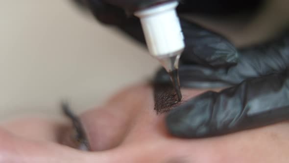 Closeup Eyebrow of Young Woman with Microblading Pen Injecting Pigment in Facial Skin alt