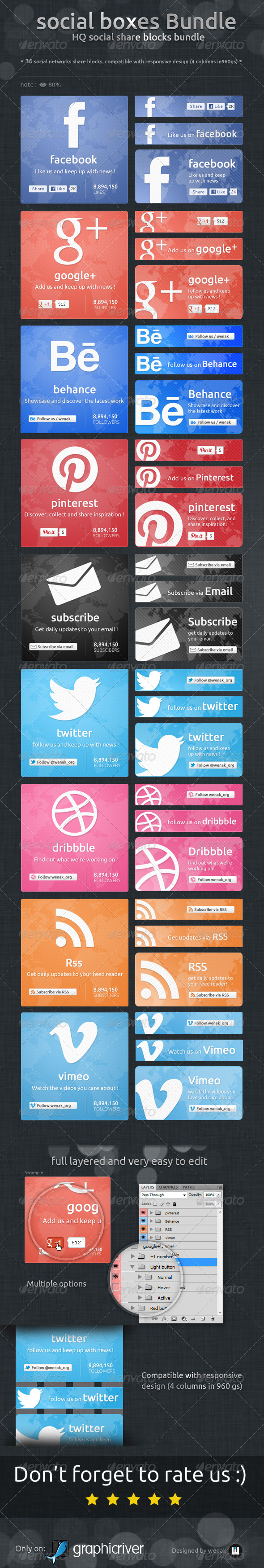 Social Boxes Bundle - Social Share Blocks - Social Media Web Elements