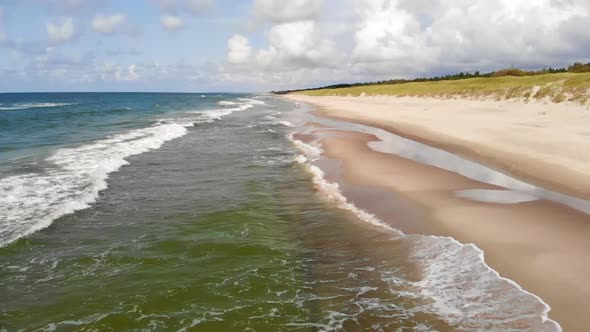 AERIAL: Slowly Lifting in the Air to reveal Beach and Forest Near the Sea, Slow Motion, High Speed C alt