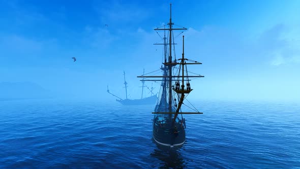 Old frigate in the foggy ocean