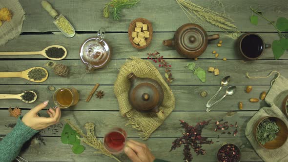Tea on an Old Wooden Table. Flat Lay.