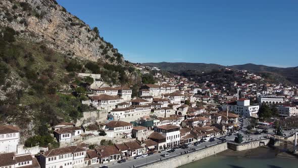Drone view of Berat, the city with a thousand windows