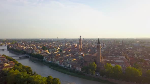 Aerial view of Verona City with bridges across Adige river, Verona Cathedral, Duomo di Verona.Italy alt