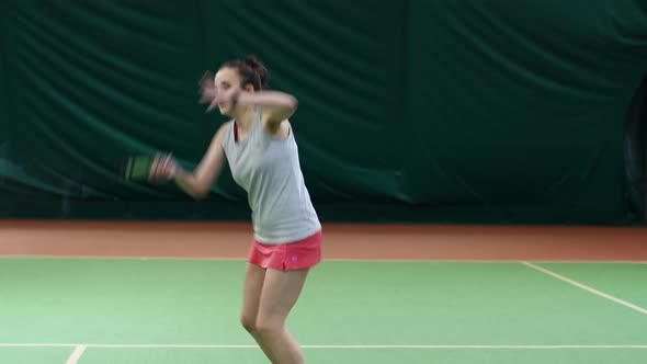 Tennis Woman Player Playing Training with Racket and Ball at Court