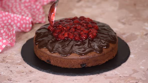 Delicious Homemade Chocolate Pie with Cherry Sauce