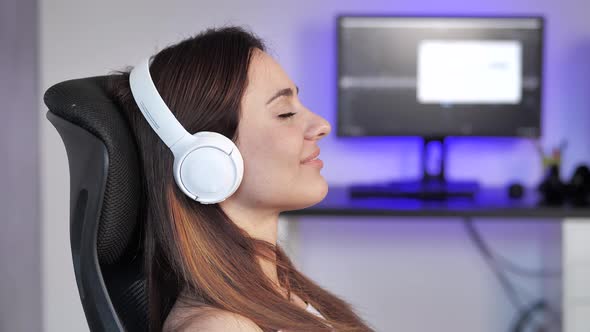 Attractive Lady Enjoys Listening Chill Music Audio Sound Meditating Feeling No Stress at Home alt