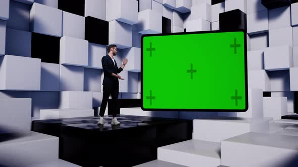 Tv Presenter in Virtual Studio News with White and Black Cubes
