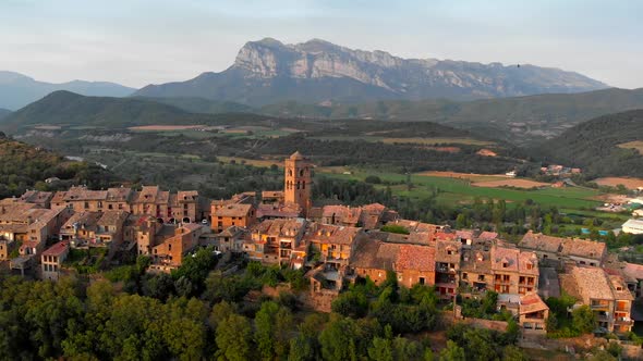 Ainsa, Spain. Flying Over Ainsa Village in Aragon Mountains. Aerial View, FHD alt