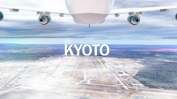 Commercial Airplane Over Clouds Arriving City Kyoto