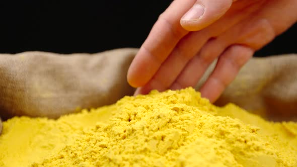 Human hand touching a turmeric (curcuma) powder in a sac