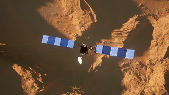 Satellite floating on the orbit of Mars. Exploring the surface of the red planet alt