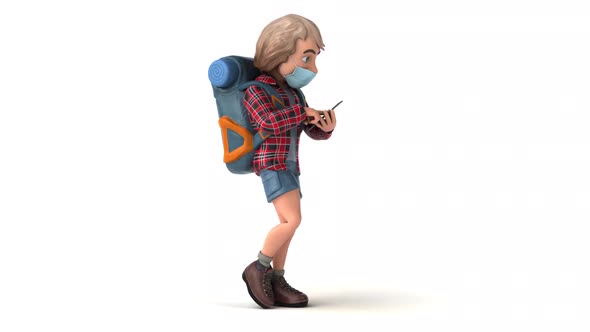 Fun 3D cartoon backpacker with a mask on the phone alt