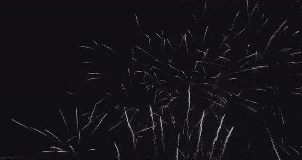 Multiple white fireworks bursts scatter across the sky