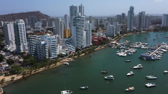 Aerial View of the Marina and Tall Apartment Buildings in the Modern Section of Cartagena Colombia
