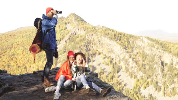 Camping Tent Camp in Nature Happy Caucasian Friends in Autumn at Nature Forest Hike alt