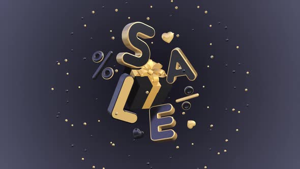 Sale, animation3D with title, gift box and percentage sign on a seamless loop alt