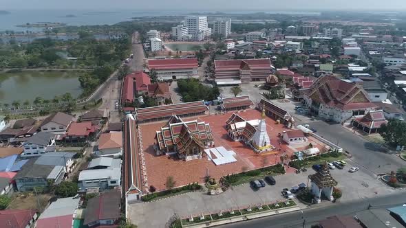 Aerial Footage of Historic Wat Phra That Cheung Chum Temple, Landmark of Sakonnakorn, Thailand alt