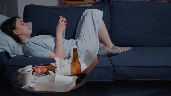 Unhappy Depressed Alone Woman By Warning Notification for Unpaid Bank Bills alt