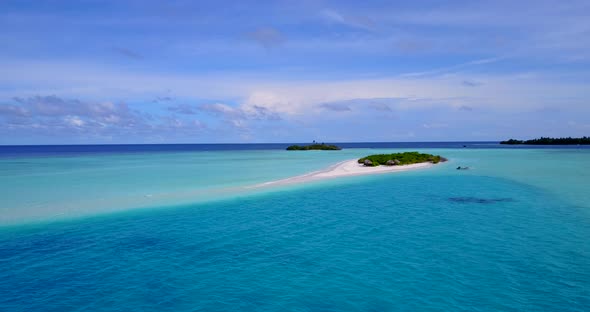 Tropical aerial copy space shot of a white sandy paradise beach and turquoise sea background in high alt