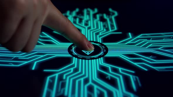 Human Finger Pushes Touch Ethereum Digital Currency With Futuristic Artificial Intelligence alt