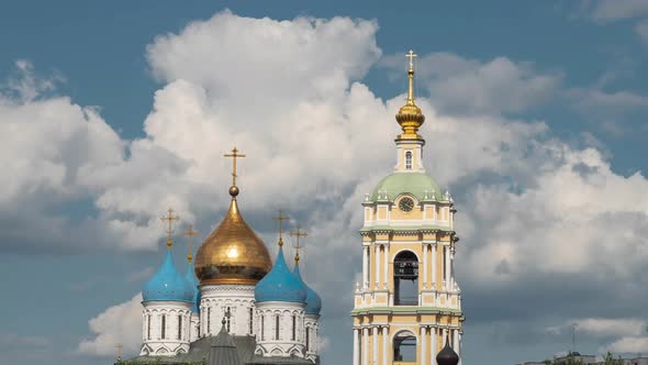 Domes of the russian church against dramatic cloudy sky