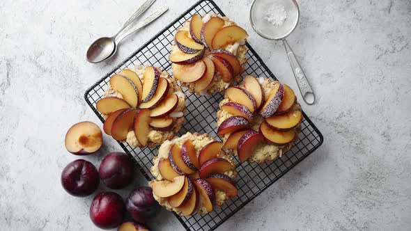 Homemade Crumble Tarts with Fresh Plum Slices Placed on Iron Baking Grill alt