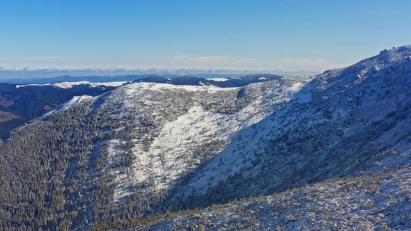 Wonderful Landscapes of the Carpathian Mountains Covered with the First Snow in Ukraine Near the alt