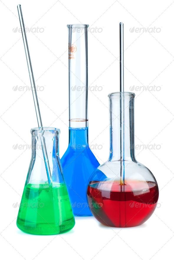Three flasks with different chemical agents - Stock Photo - Images
