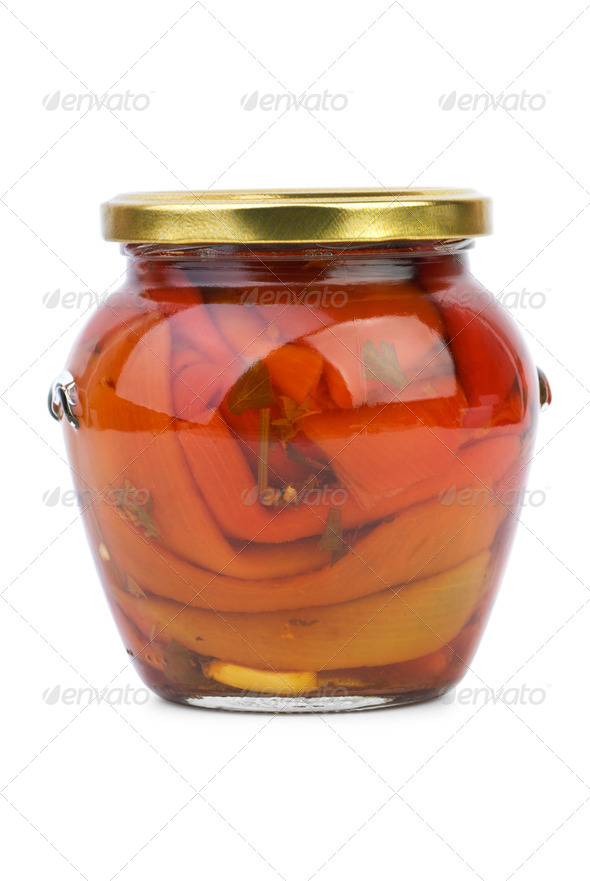 Glass jar with conserved red bell peppers Stock Photo by digitalr