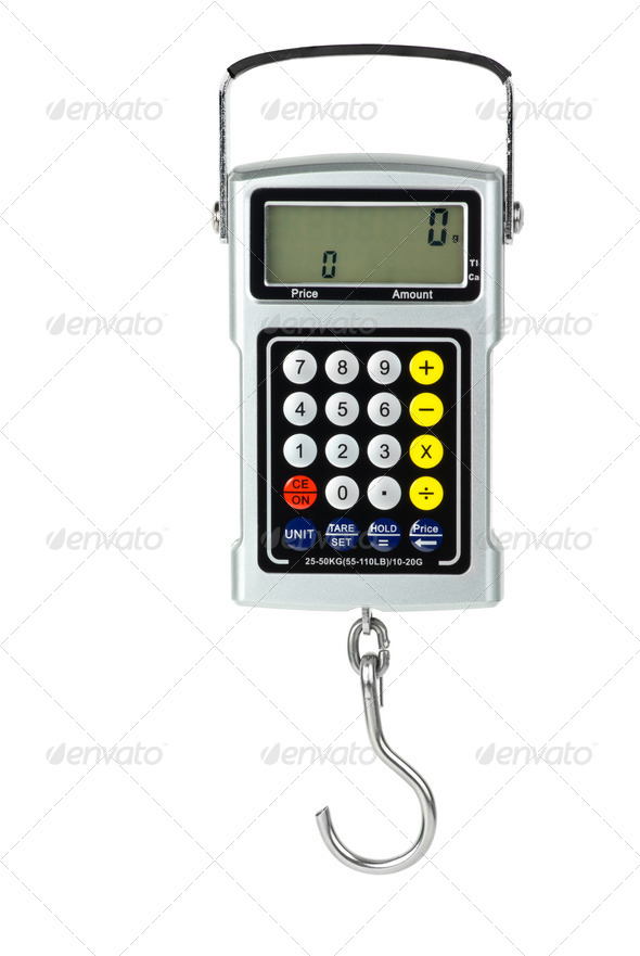 Digital fishhook scales with built-in calculator - Stock Photo - Images