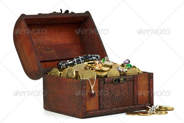 Treasure: wooden chest with golden coins, gems, rings, e.t.c. - Stock Photo - Images