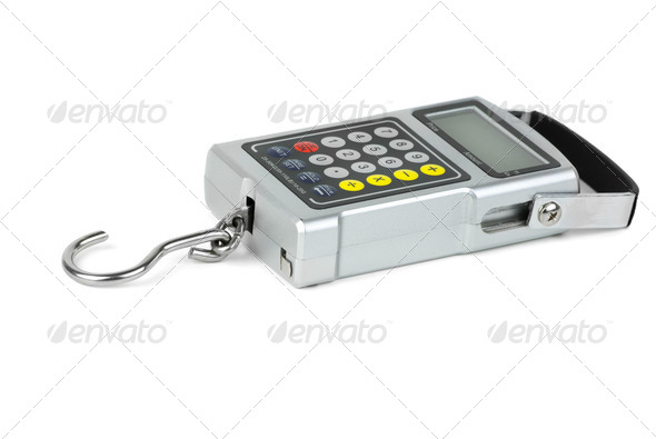 Digital fishhook weigher with built-in calculator - Stock Photo - Images
