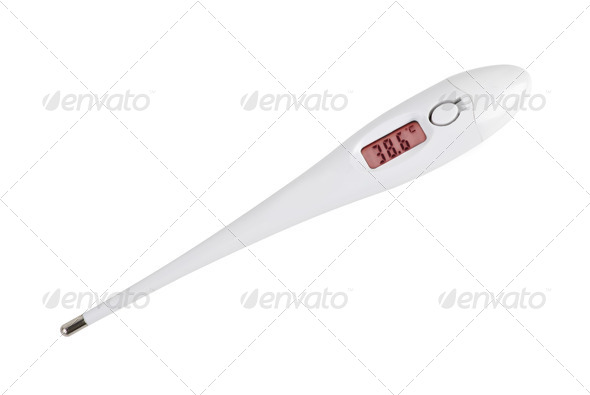 Modern digital thermometer show high temperature - Stock Photo - Images