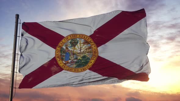 Flag of Florida Waving in the Wind Against Deep Beautiful Sky at Sunset alt
