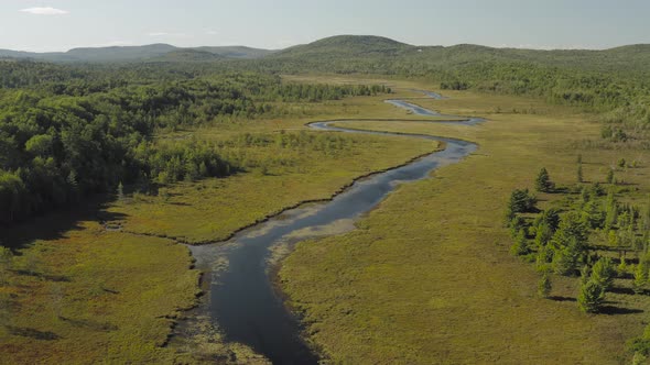Spectacular aerial view ascending over lust green Union River, Eastern Maine scenery alt