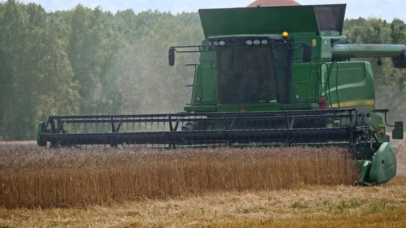Combine Harvester Gathers Wheat Crop at Farmland alt