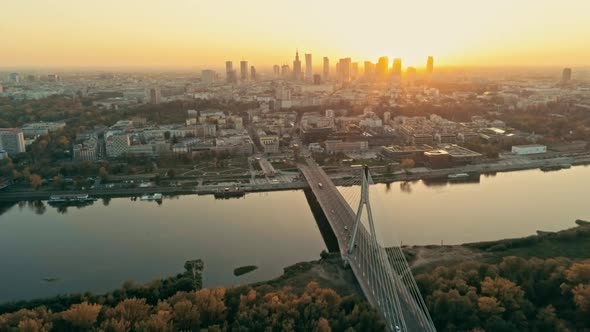 Establishing Aerial Shot Warsaw Cityscape Bridge River Downtown