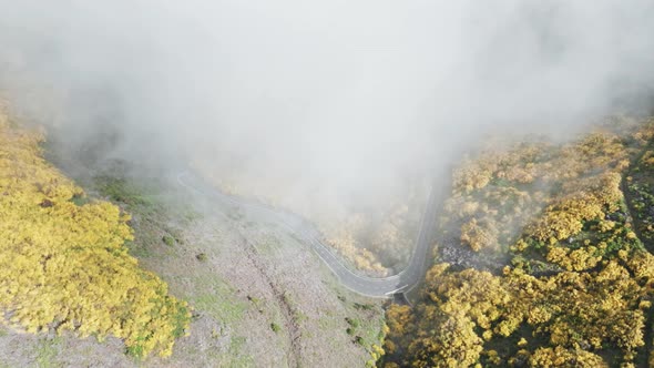 Foggy Sky Over Mountain Road At Pico do Arieiro In Madeira Island, Portugal. Aerial Drone Shot alt