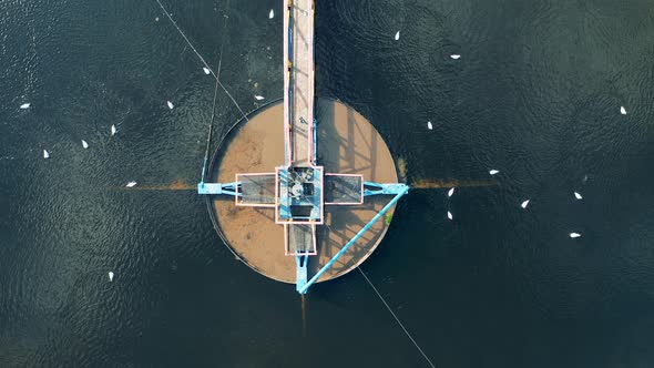 Top View of a Wastewater Cleaning Plant with Birds Floating Around alt