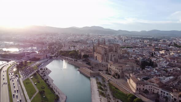 Palma de Mallorca Cityscape and Cathedral of Santa Maria Aerial Sunset alt