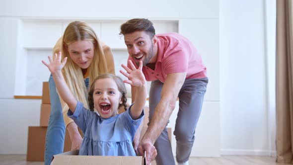 Funny parents lady blonde and bearded guy move large cardboard box alt